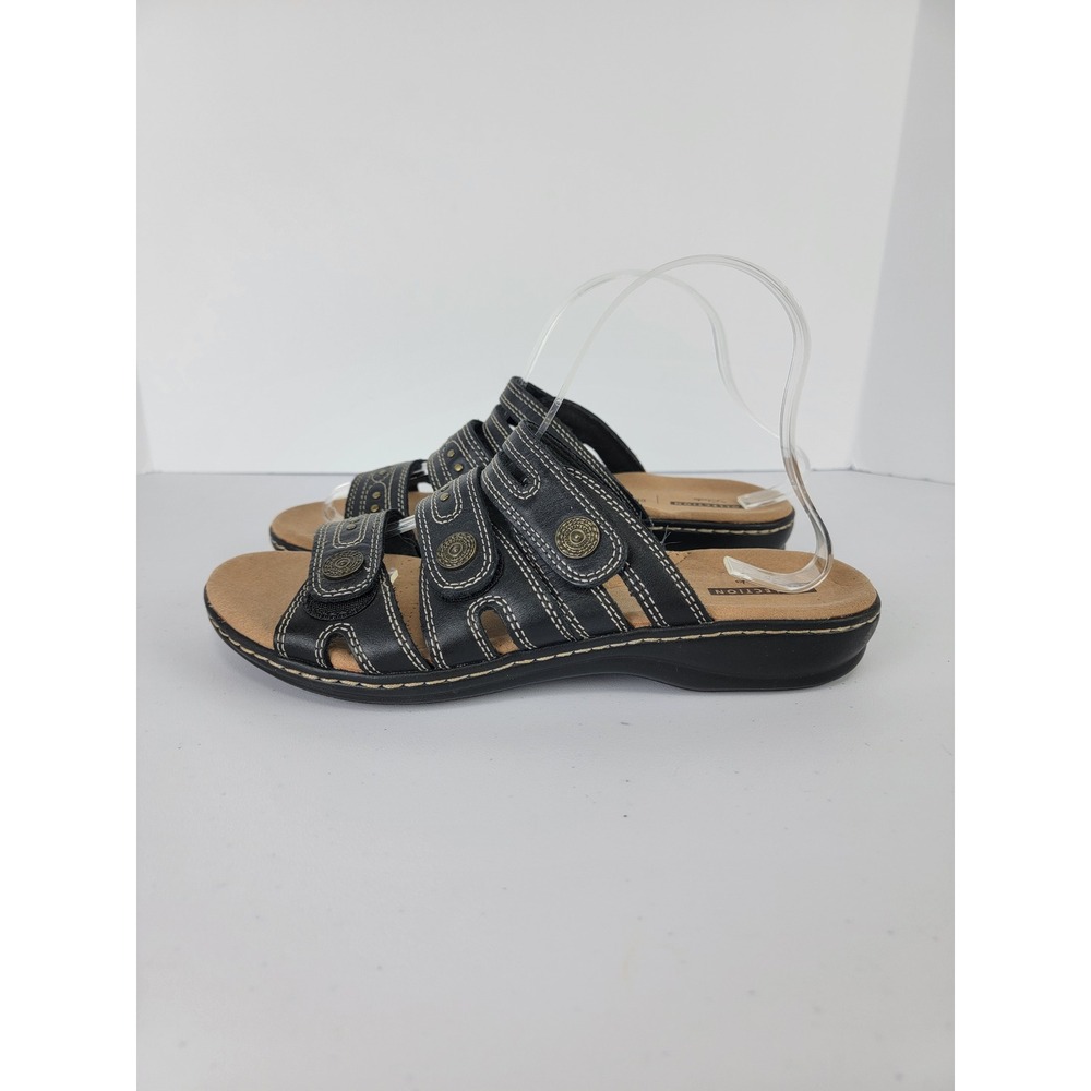 Clarks Slide Sandals Women's 9.5 Black Leather Adjustable Cushion Soft - Picture 2 of 11